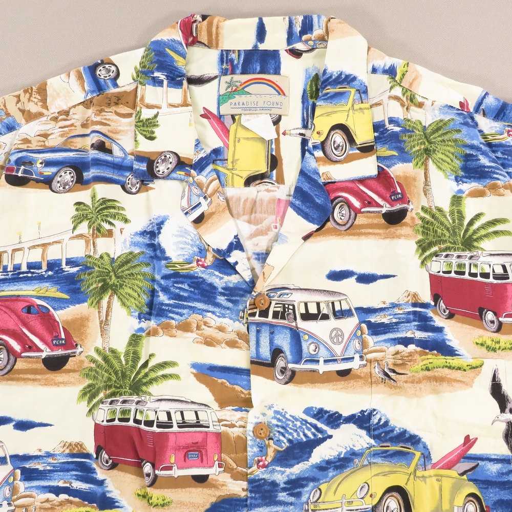 Paradise Found Hawaiian Shirt Mens XXL Cream VW Beetle Bug Bus Rayon Vintage USA